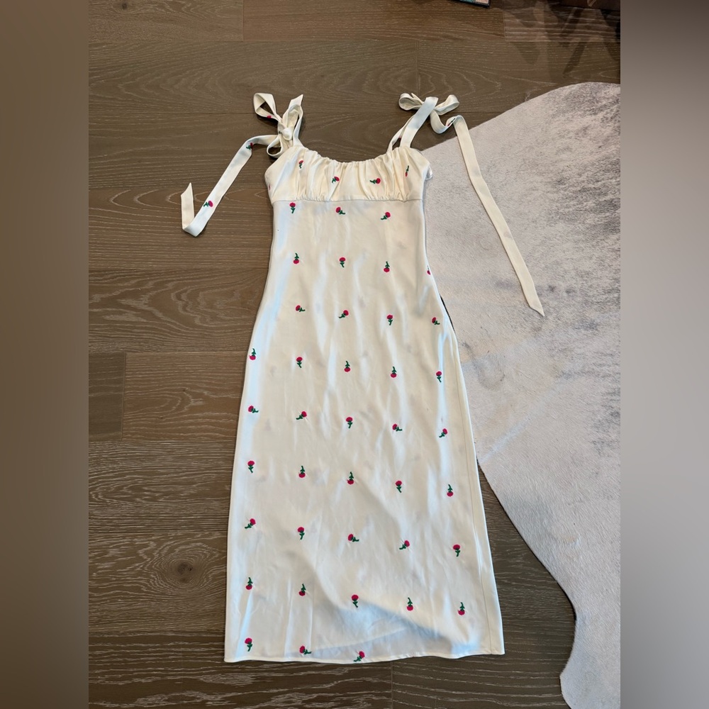 Majorelle White Dress with Floral Embroidery and Bow Straps